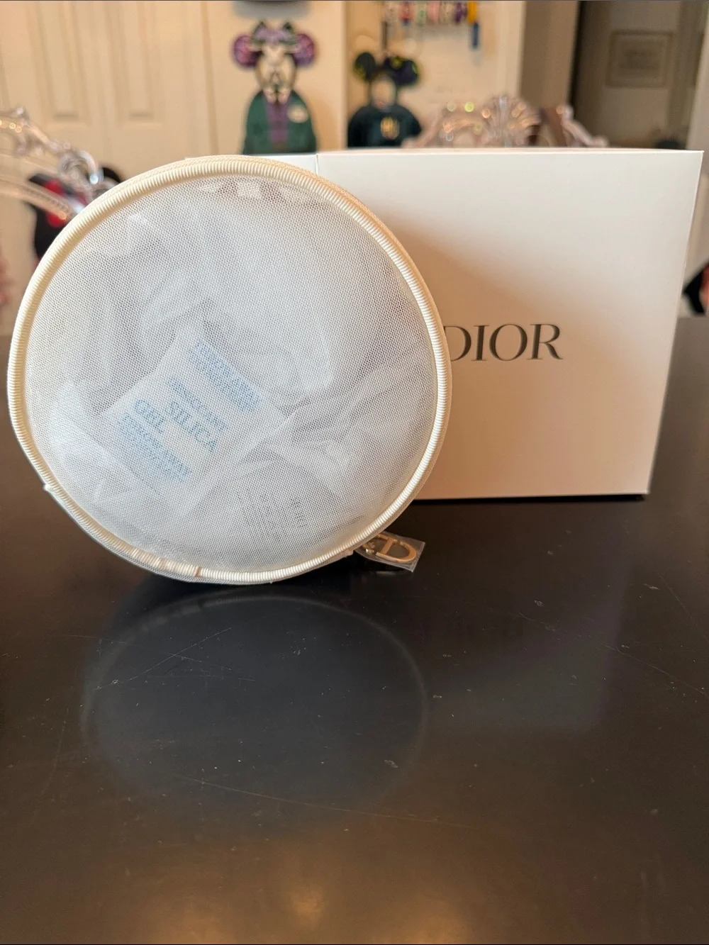 Dior Round Butterfly Embroidered Pouch in White, Pink and Gold